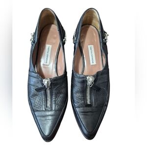 Tabitha Simmons: Black Leather Zip Front & Chain Flats